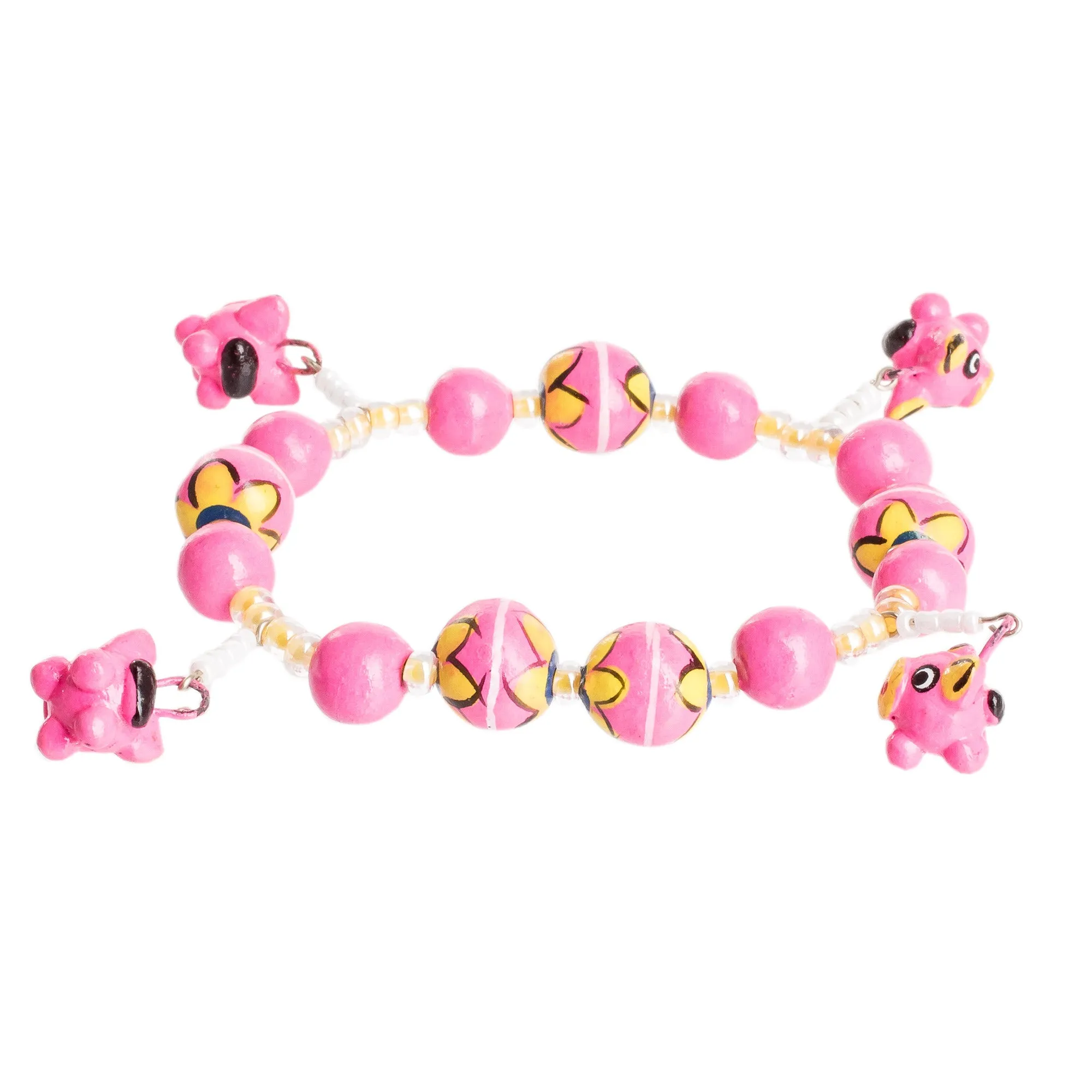 Handcrafted Ceramic Beaded Stretch Bracelet in Pink - Little Pink Pigs | NOVICA