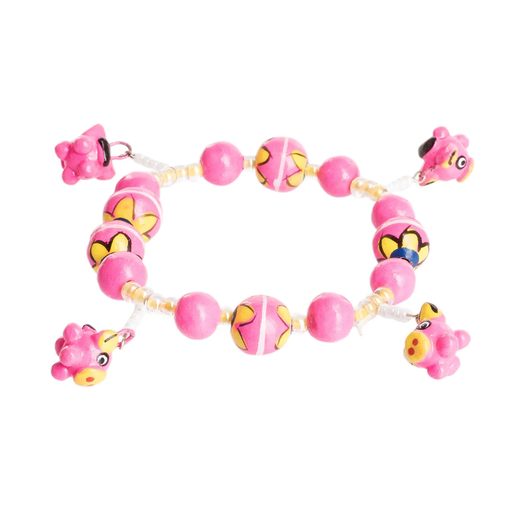 Handcrafted Ceramic Beaded Stretch Bracelet in Pink - Little Pink Pigs | NOVICA