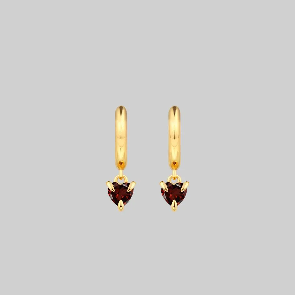 HEART & SOUL. Garnet Dangly Heart Hoop Earrings - Gold