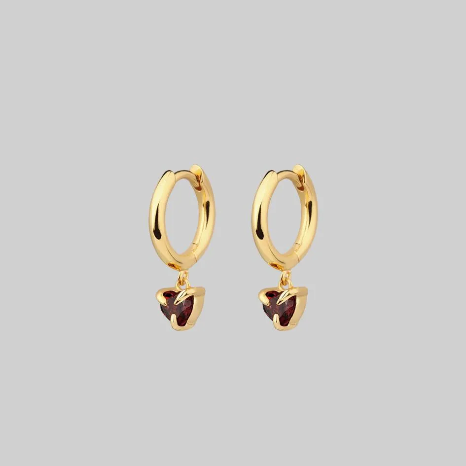 HEART & SOUL. Garnet Dangly Heart Hoop Earrings - Gold