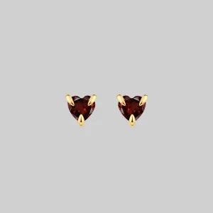 HEART & SOUL. Garnet Heart Stud Earrings - Gold