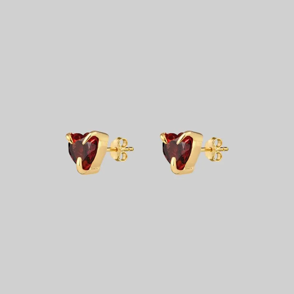 HEART & SOUL. Garnet Heart Stud Earrings - Gold