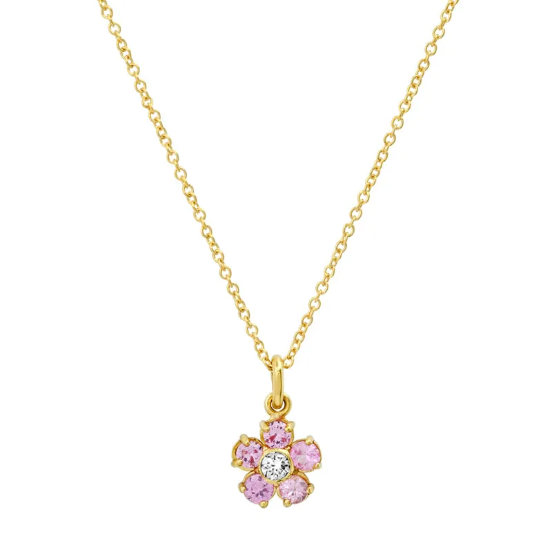 Large Pink Sapphire Flower Necklace with Diamond Center