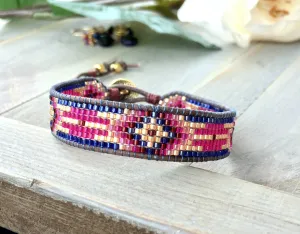 Loom Beaded Bracelet, Navy Gold Pink Southwestern Bracelet