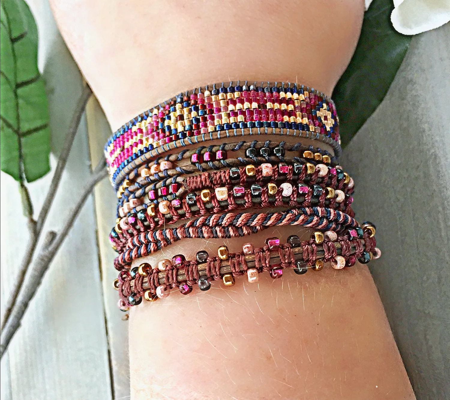 Loom Beaded Bracelet, Navy Gold Pink Southwestern Bracelet