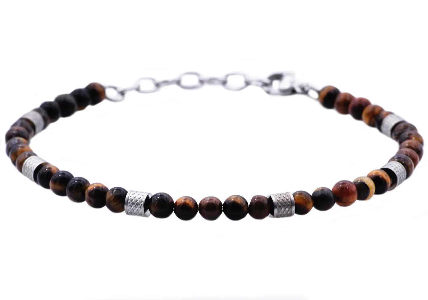 Mens Genuine Tiger Eye Stainless Steel Beaded Bracelet