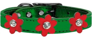 Metallic Flower Leather Collar Metallic Emerald Green With Metallic Red Flowers Size 10