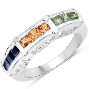 Natural Sapphire Sterling Silver Ring Channel Set Multi Colored Sapphires