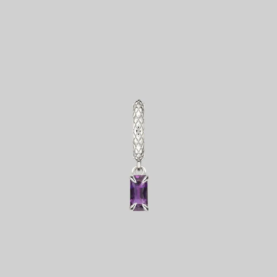 NYMPH. Dangly Amethyst Rectangle Hoop Earrings - Silver