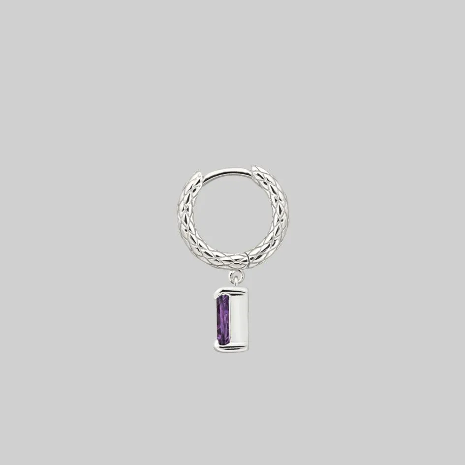 NYMPH. Dangly Amethyst Rectangle Hoop Earrings - Silver