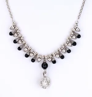 Onyx Beaded Short Necklace with Coin Drop