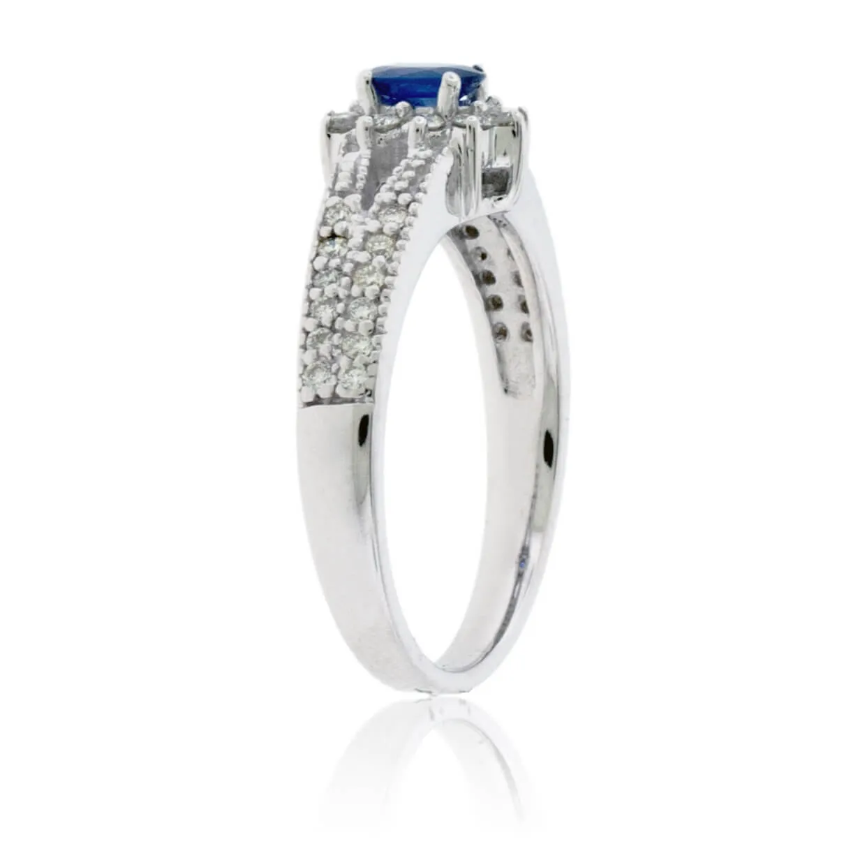 Oval Blue Sapphire & Diamond Classic Halo Split Shank Ring