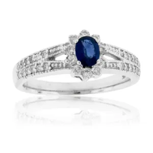 Oval Blue Sapphire & Diamond Classic Halo Split Shank Ring