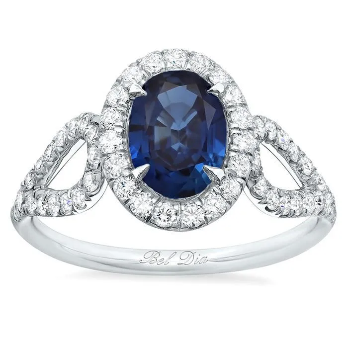 Oval Sapphire Halo Engagement Ring with Looped Shank