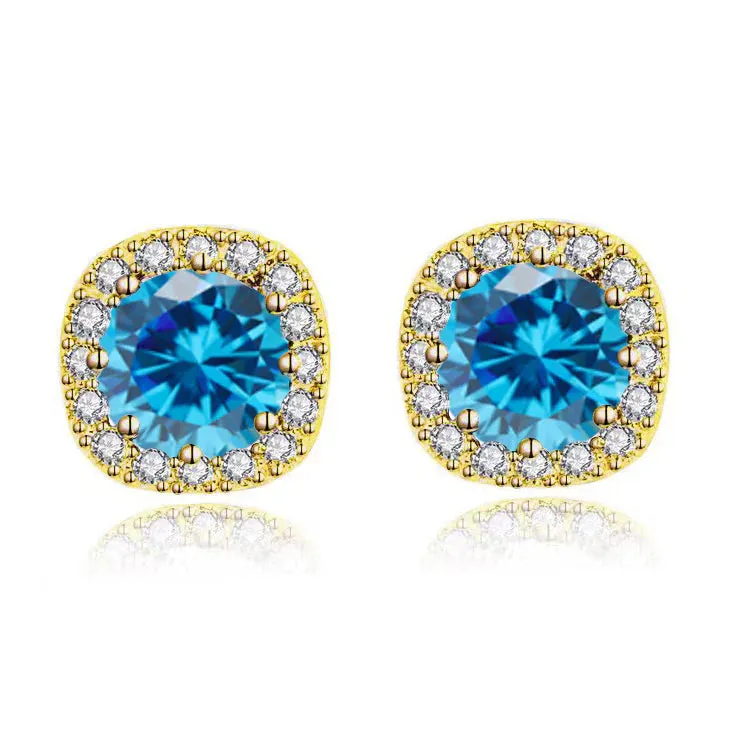 Paris Jewelry 18k Yellow Gold 1 Carat Created Halo Round Sapphire Birthstone Stud Earrings All Colors Plated