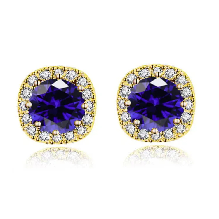 Paris Jewelry 18k Yellow Gold 1 Carat Created Halo Round Sapphire Birthstone Stud Earrings All Colors Plated