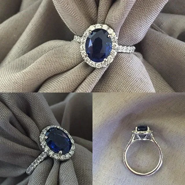 Pave Accented Oval Blue Sapphire Halo