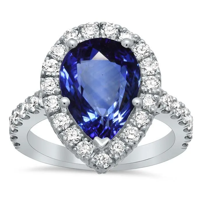 Pave Halo Engagement Ring with Pear Sapphire