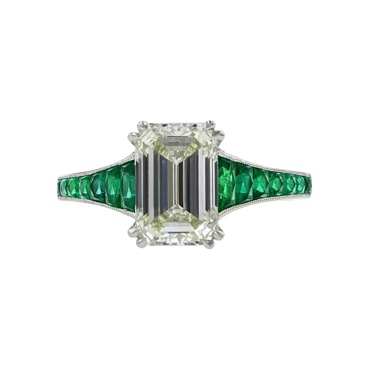 Platinum Emerald-cut Diamond and Emerald Ring