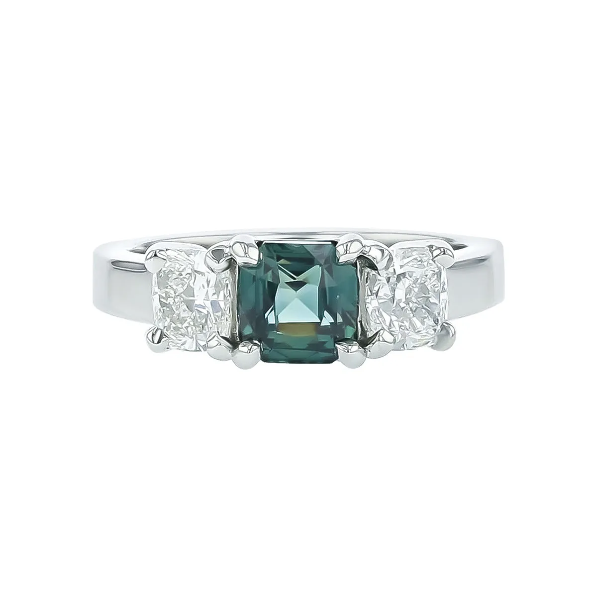 Platinum Teal Sapphire and Diamond 3 Stone Ring