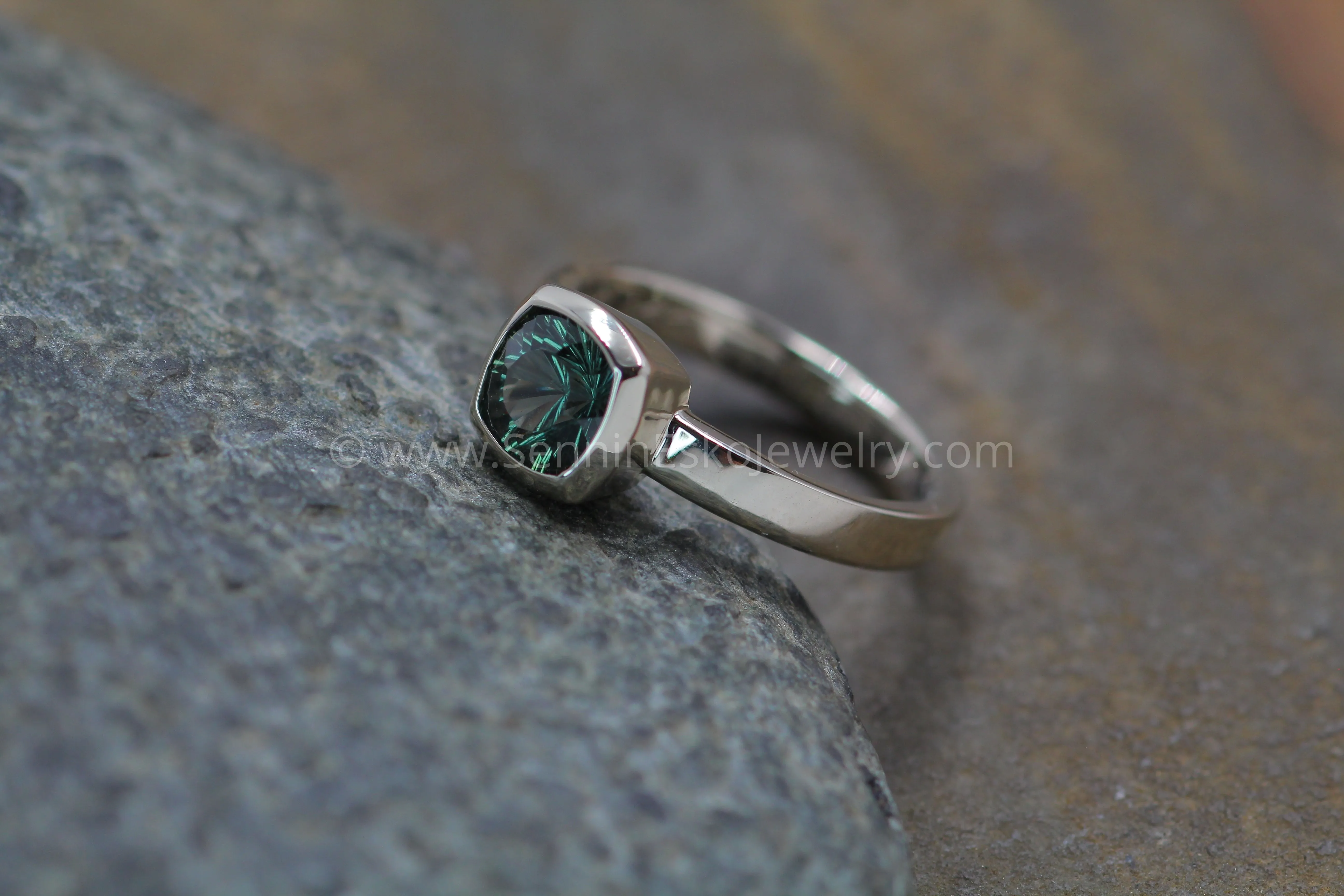 READY TO SHIP Greenish Blue Sapphire White Gold Bezel Ring - Size 5.5