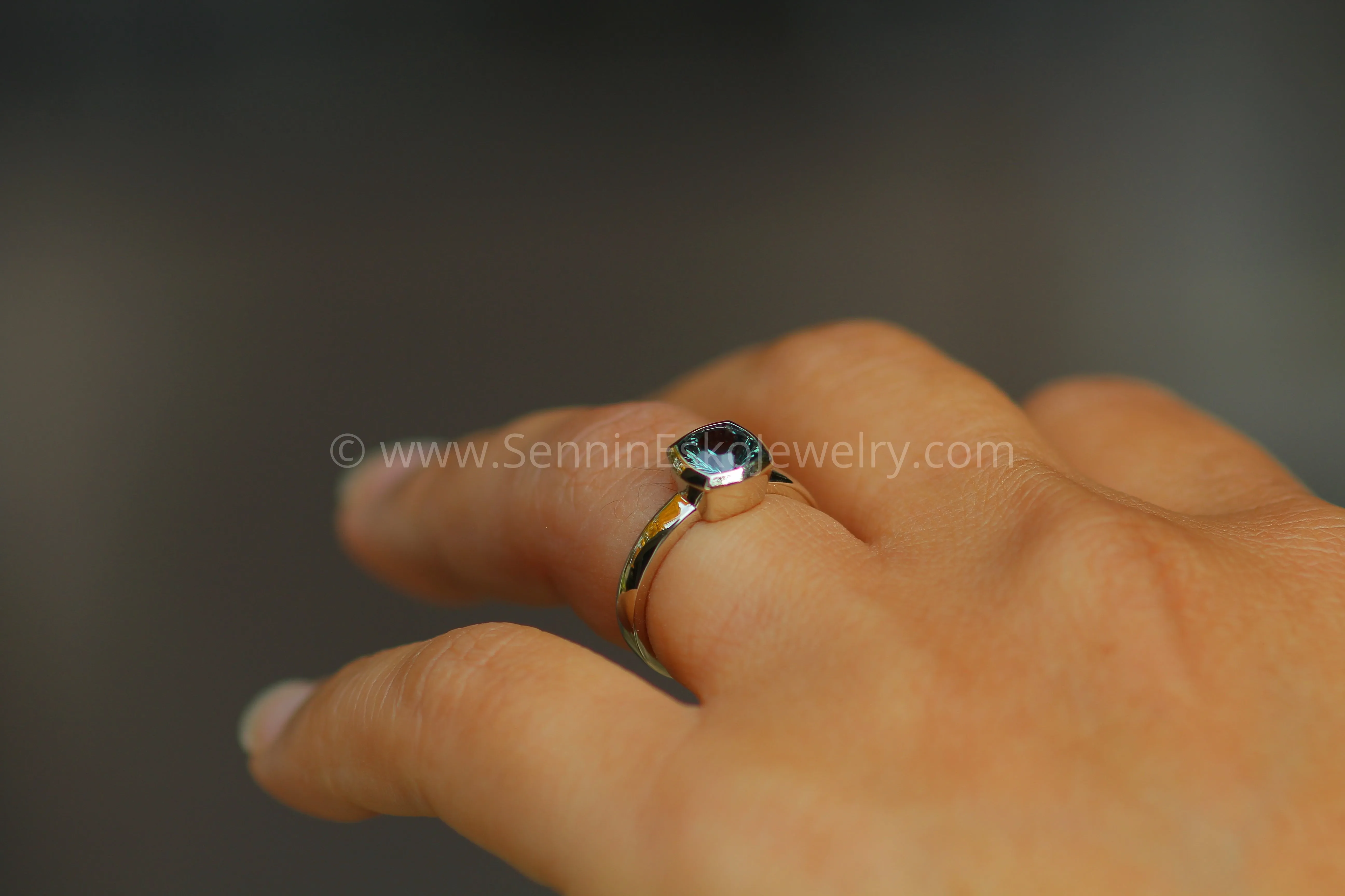 READY TO SHIP Greenish Blue Sapphire White Gold Bezel Ring - Size 5.5