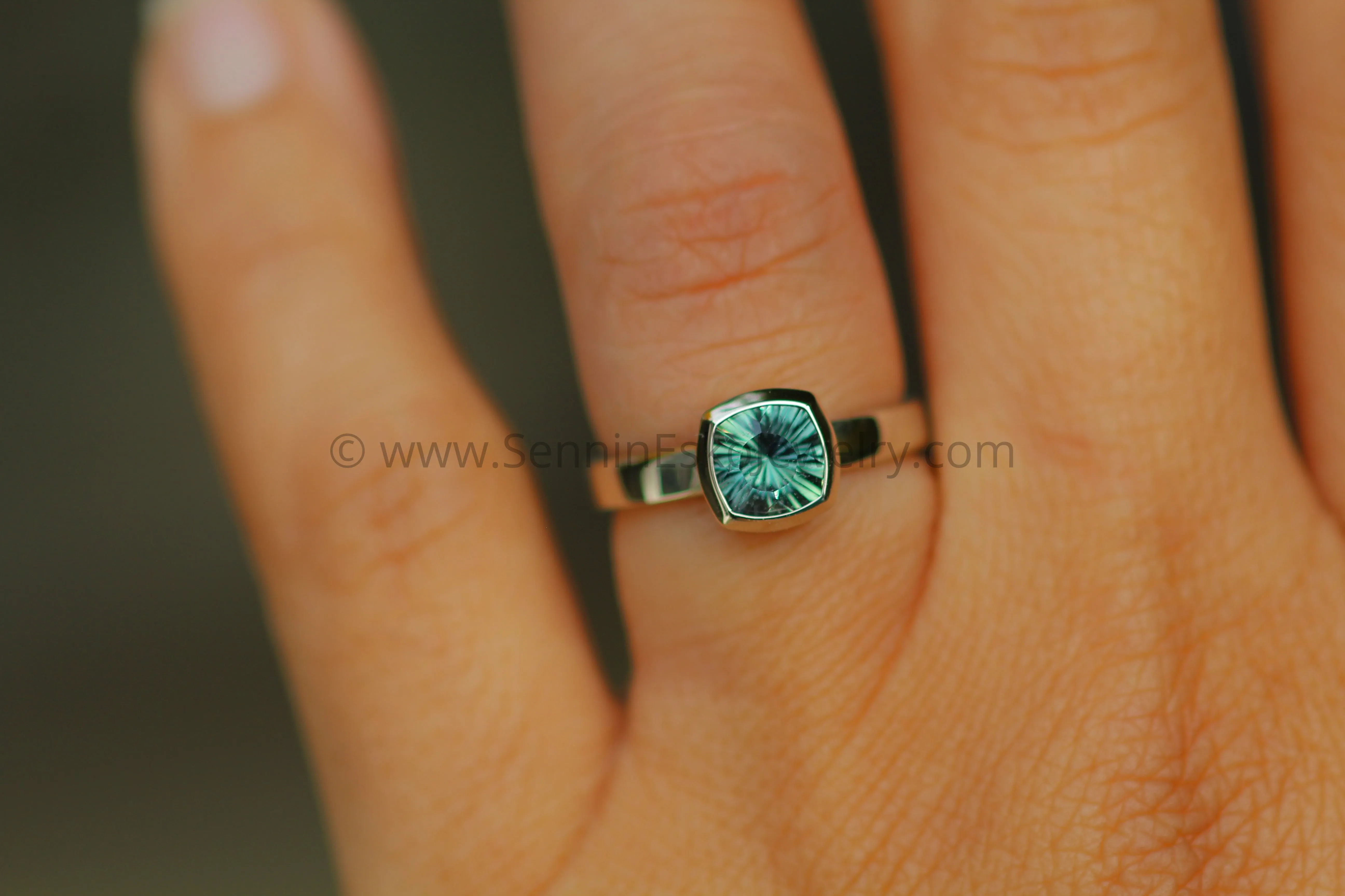 READY TO SHIP Greenish Blue Sapphire White Gold Bezel Ring - Size 5.5