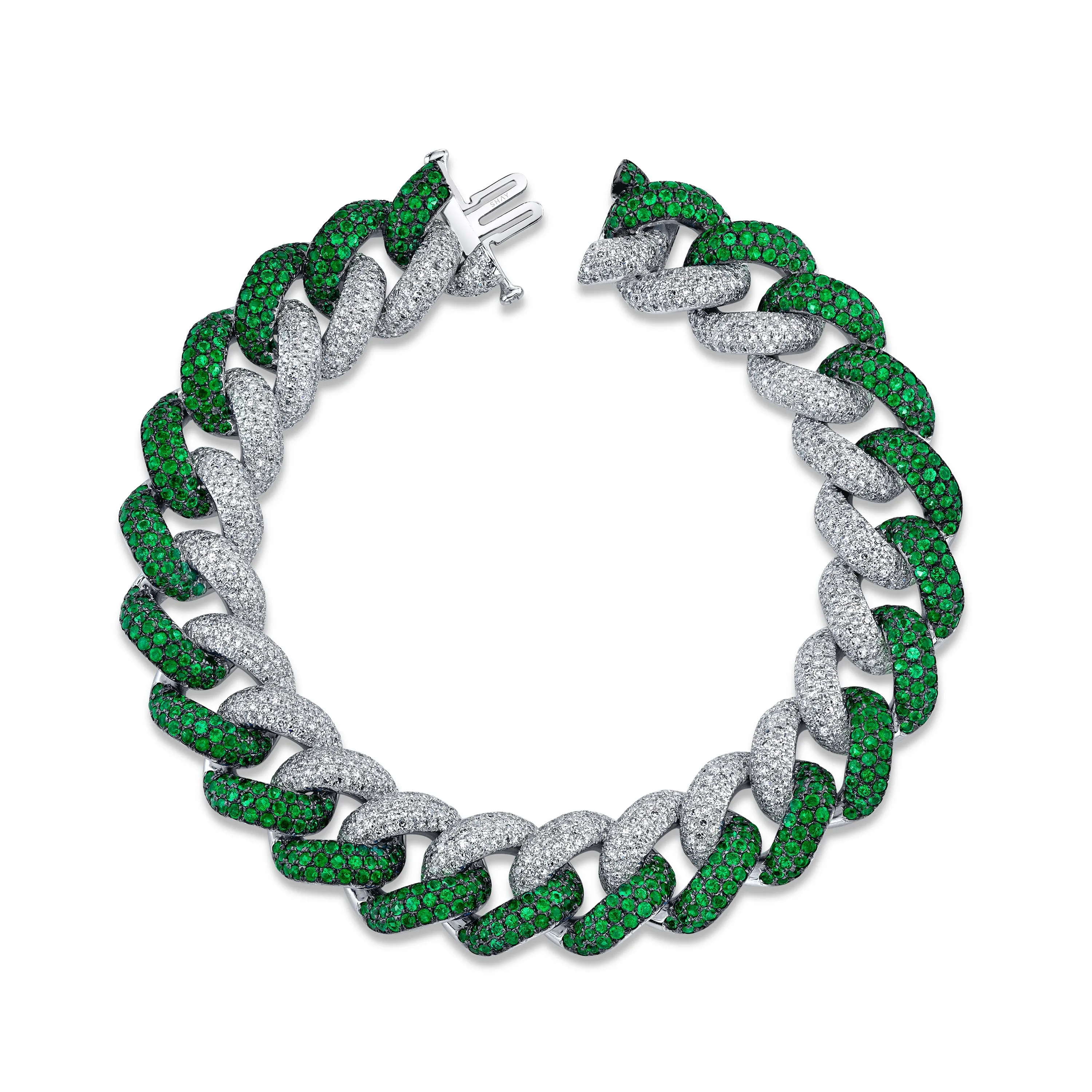 READY TO SHIP MEN'S TWO-TONE JUMBO PAVE DIAMOND & GREEN SAPPHIRE LINK BRACELET