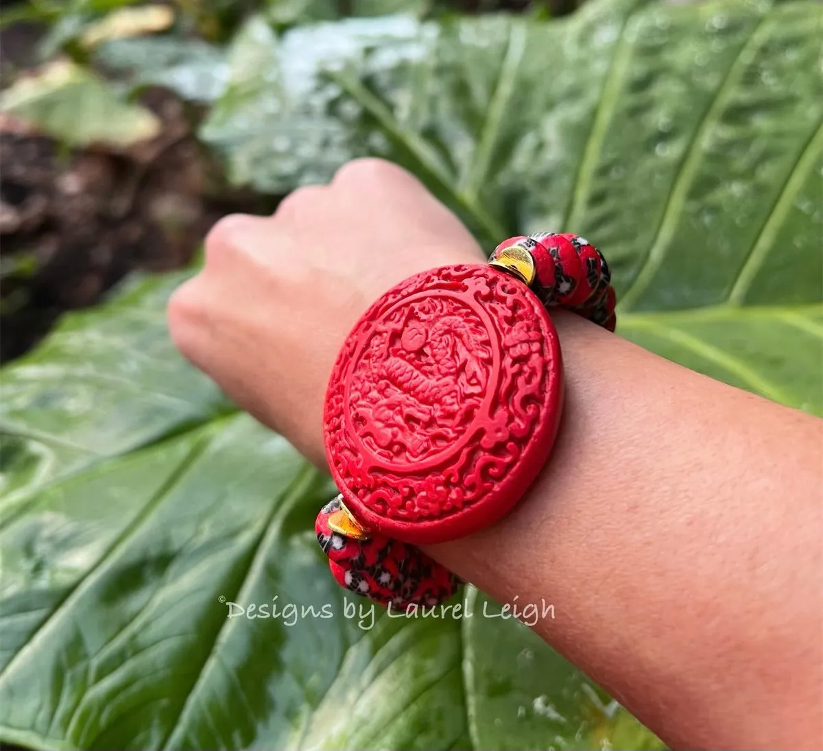 Red & Black Cinnabar Focal Bead Bracelet