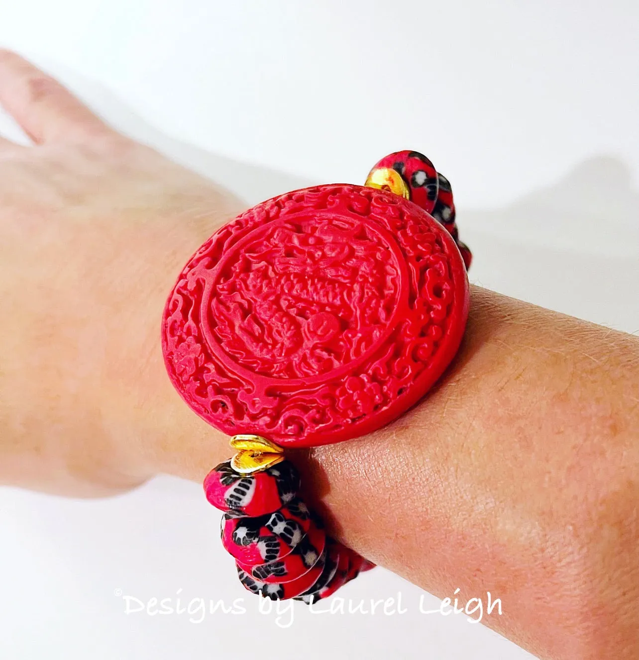 Red & Black Cinnabar Focal Bead Bracelet