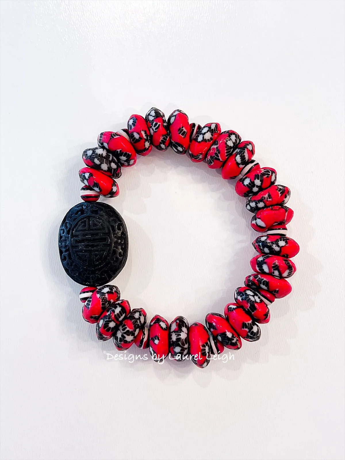 Red & Black Cinnabar Focal Bead Bracelet