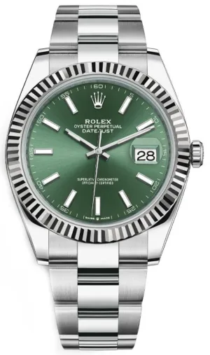 Rolex Datejust Oyster 41 mm Oystersteel Mint Green Dial Fluted Bezel OysterBracelet (Reference # 126334)