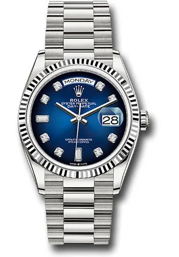 Rolex White Gold Day-Date 36 Watch - Fluted Bezel - Blue Ombre« Diamond Dial - President Bracelet - 128239 blodp