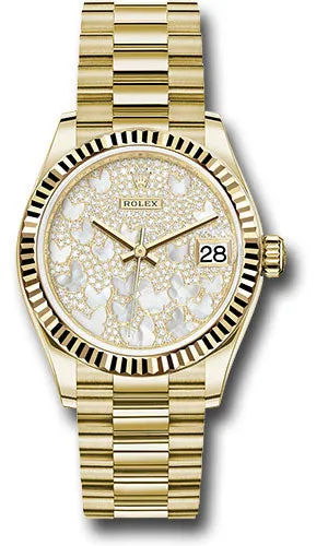 Rolex Yellow Gold Datejust 31 Watch - Fluted Bezel - Paved Mother-of-Pearl Butterfly Dial - President Bracelet 278278 pmopbp