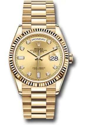 Rolex Yellow Gold Day-Date 36 Watch - Fluted Bezel - Champagne Diamond Dial - President Bracelet - 128238 chdp