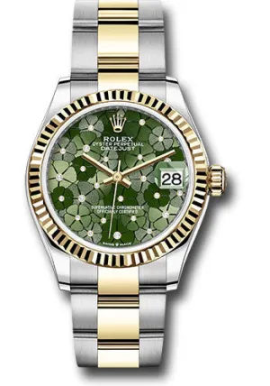 Rolex Yellow Rolesor Datejust 31 Watch - Fluted Bezel - Olive Green Floral Motif Diamond 6 Dial - Oyster Bracelet 278273 ogflomdo