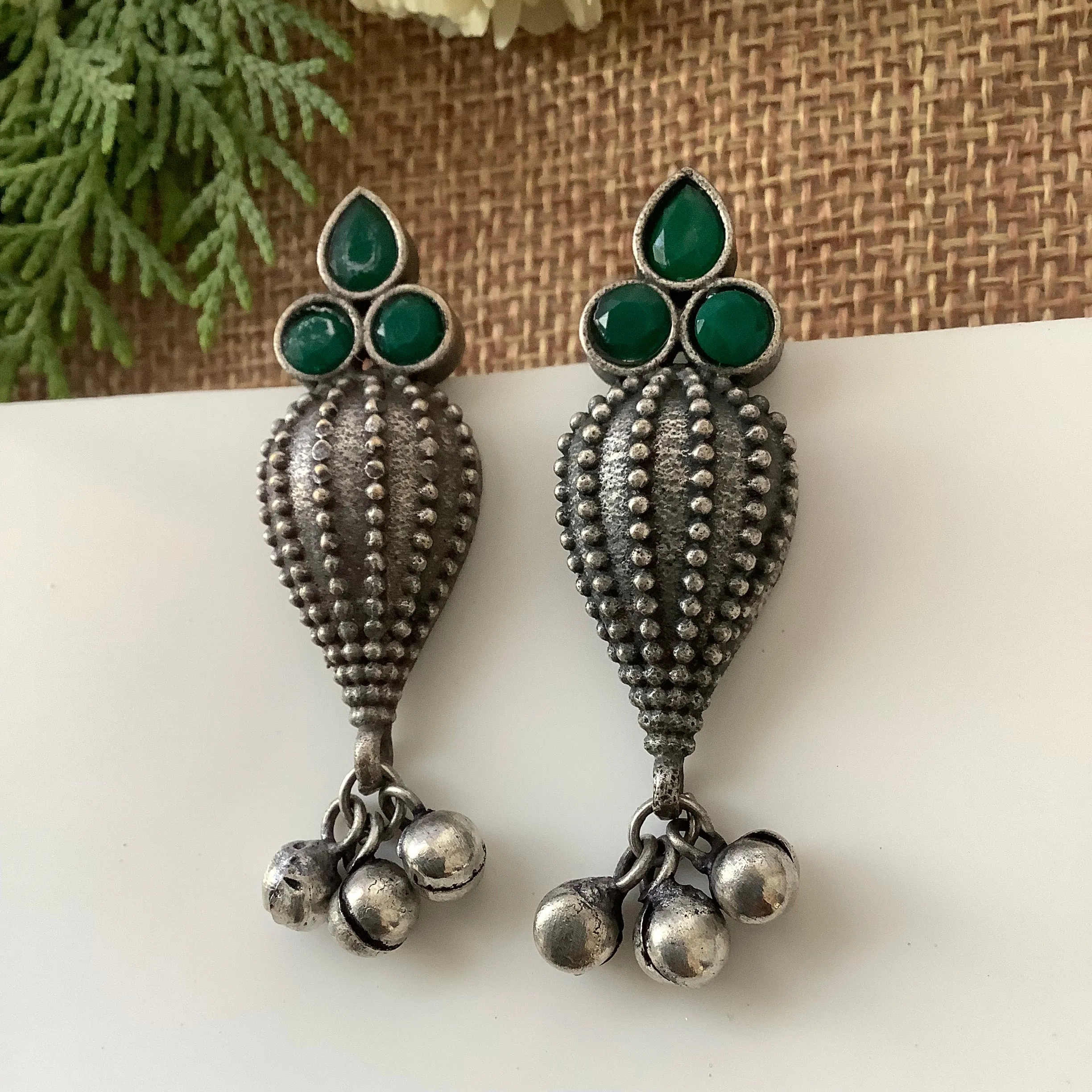 Salvanity German Silver Sea Shell earrings Green Stone