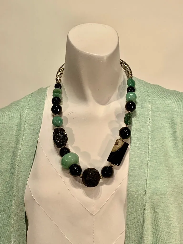 Semi Precious Jade, Onyx and Agate One of a Kind Necklace Made in California.