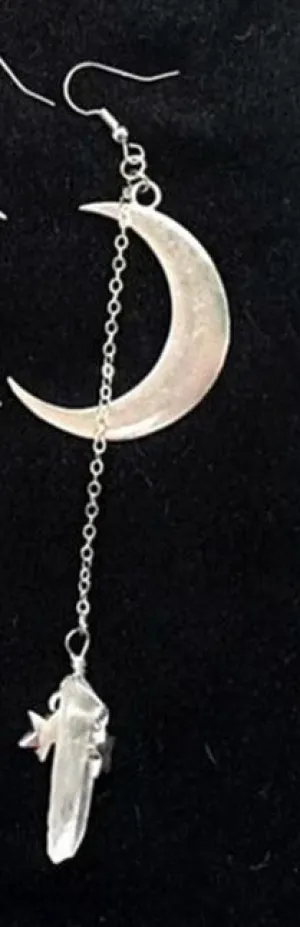 Silver Colored Moon Earring w/ Crescent Moon, Hanging Quartz and Star Detail