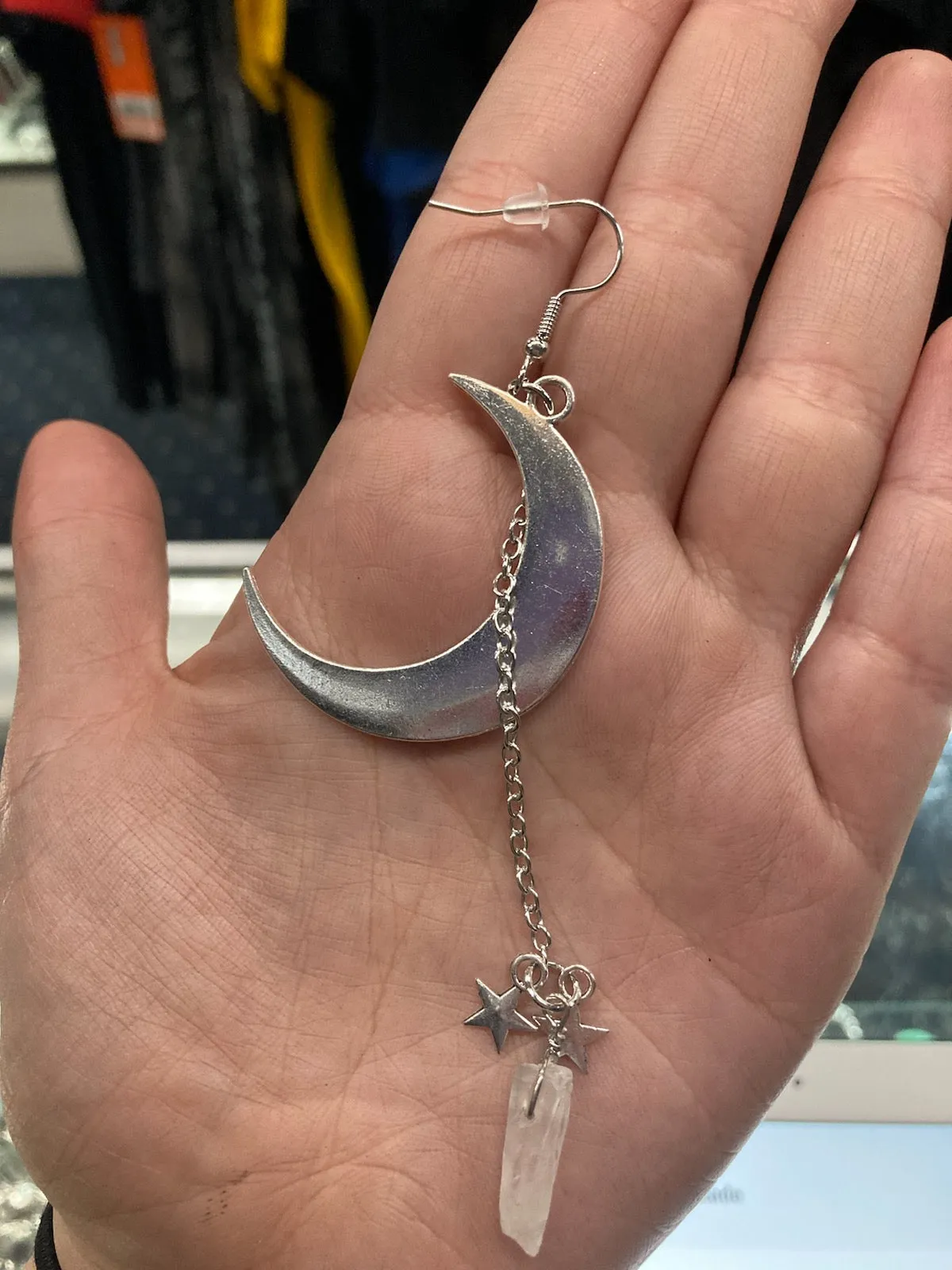 Silver Colored Moon Earring w/ Crescent Moon, Hanging Quartz and Star Detail