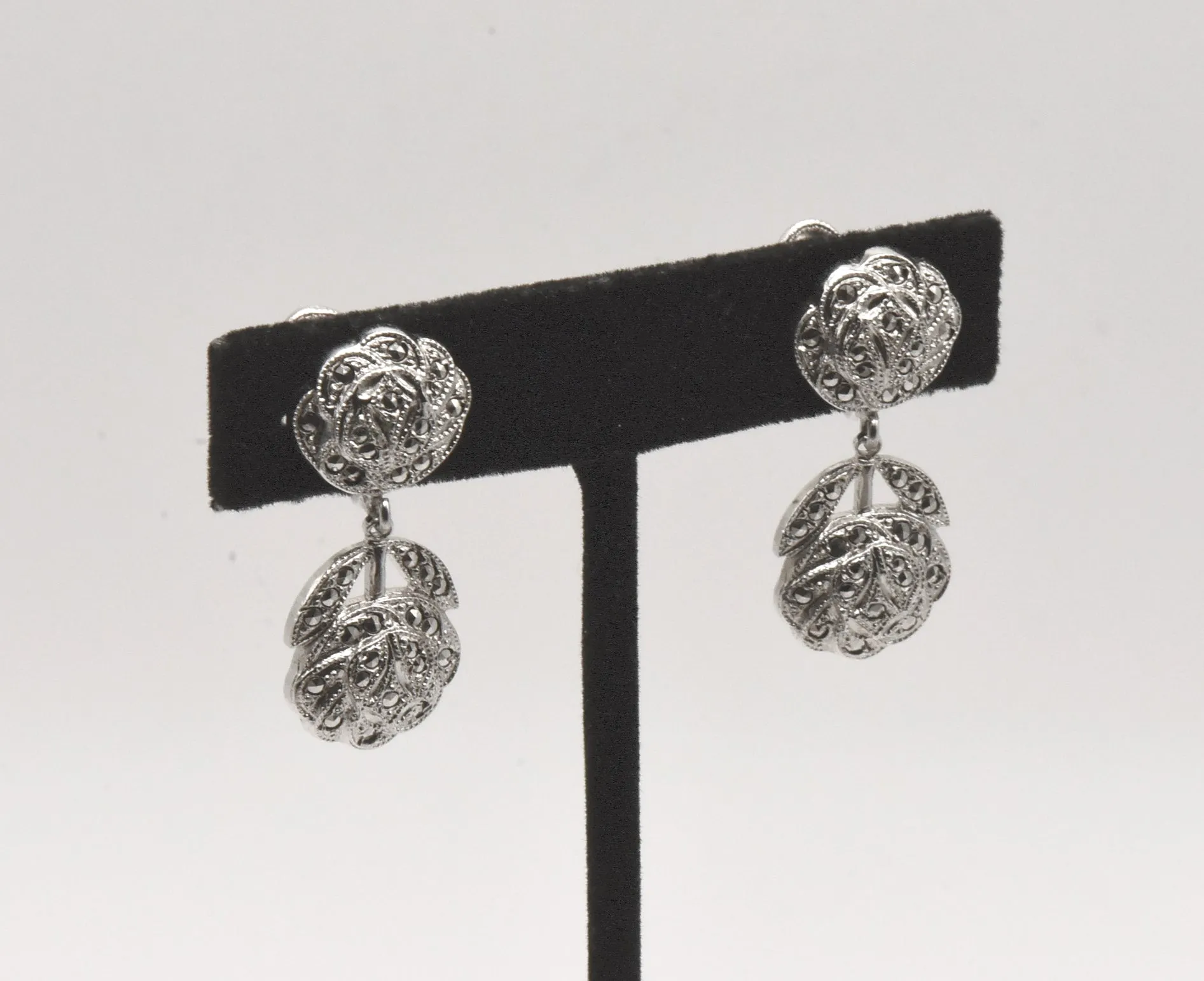 Sterling Silver Art Deco Marcasite Dangle Earrings