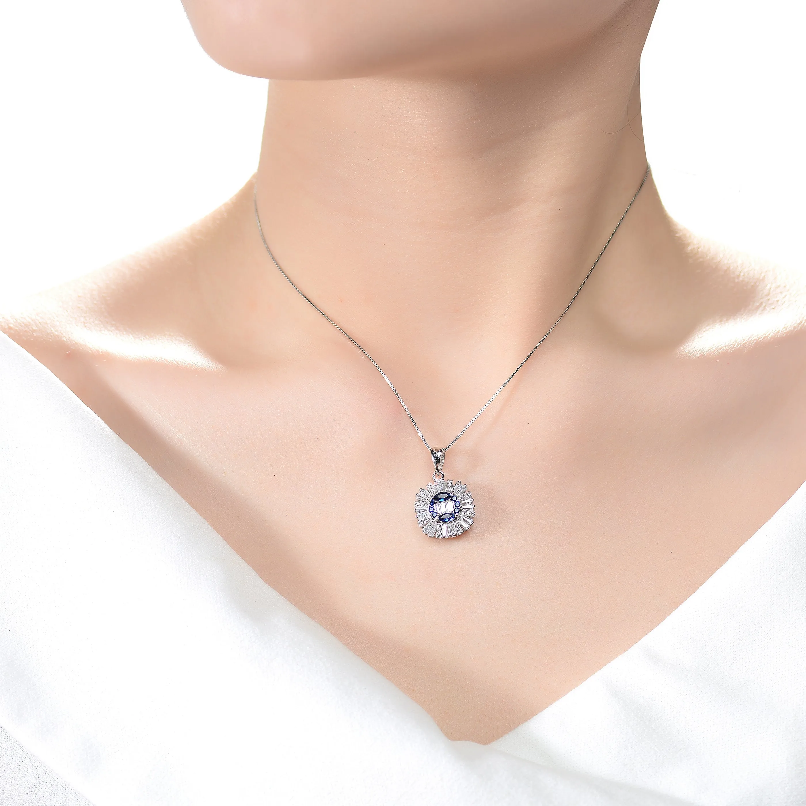 Sterling Silver with Rhodium Plate and Blue Sapphire Cubic Zirconia Stones Last Pair Pendant Necklace