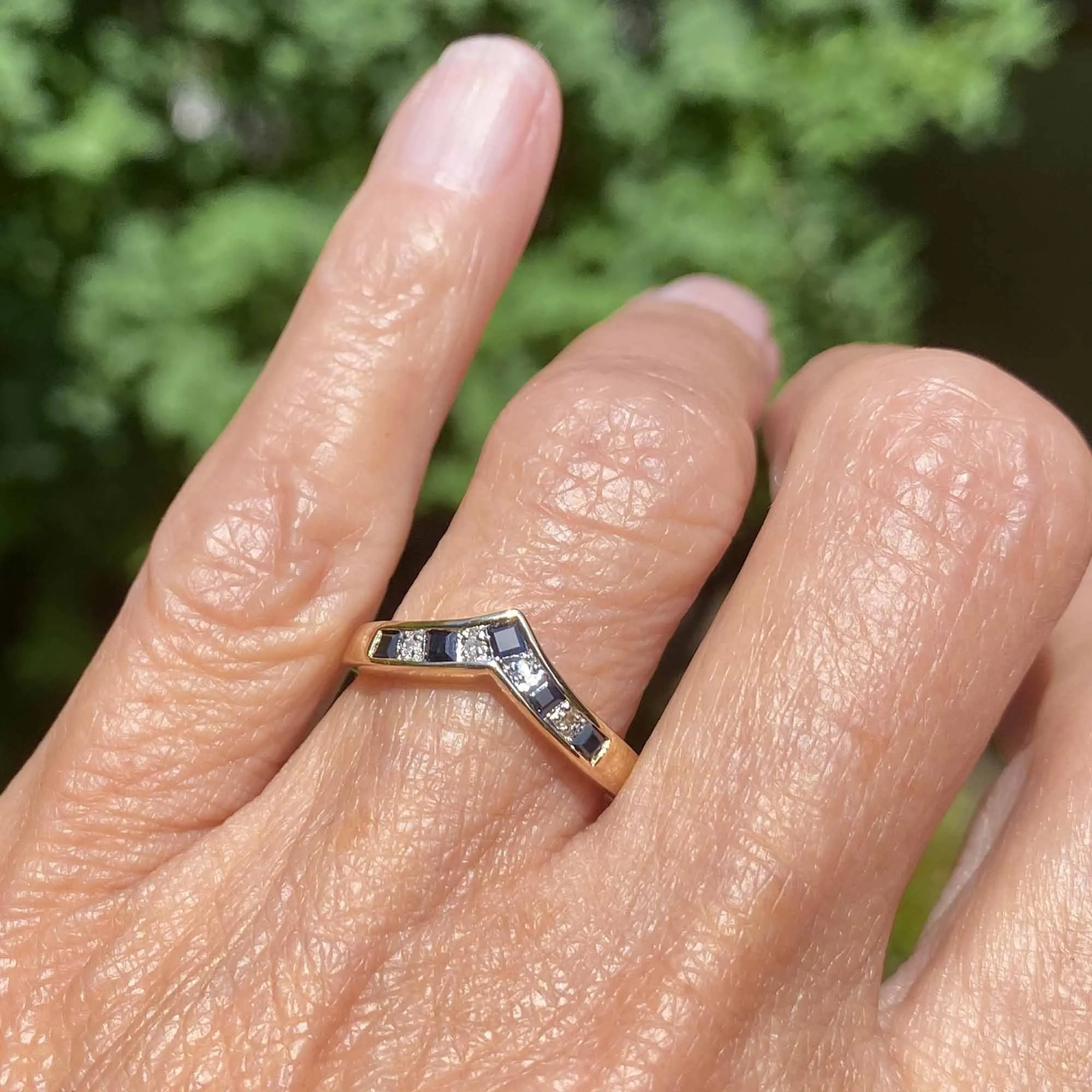 Vintage Chevron Diamond Sapphire Wishbone Ring