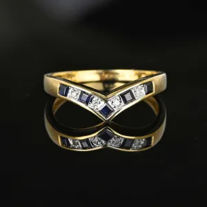 Vintage Chevron Diamond Sapphire Wishbone Ring