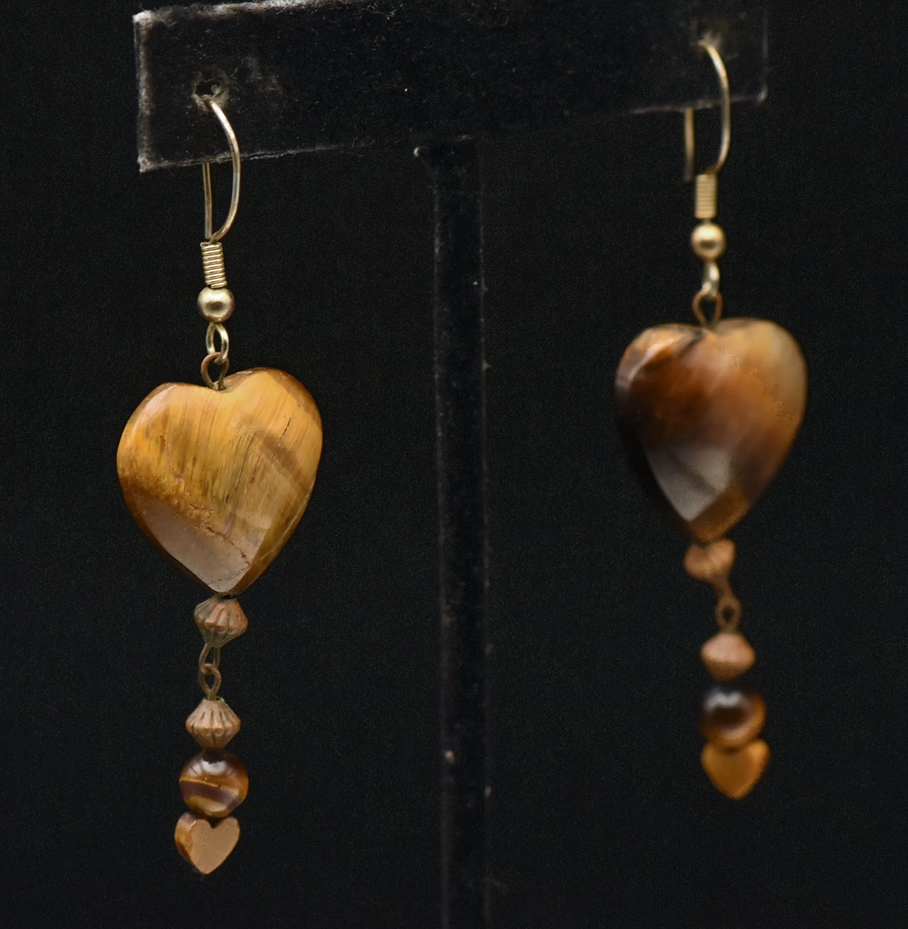 Vintage Tiger's Eye Heart Bead Earrings