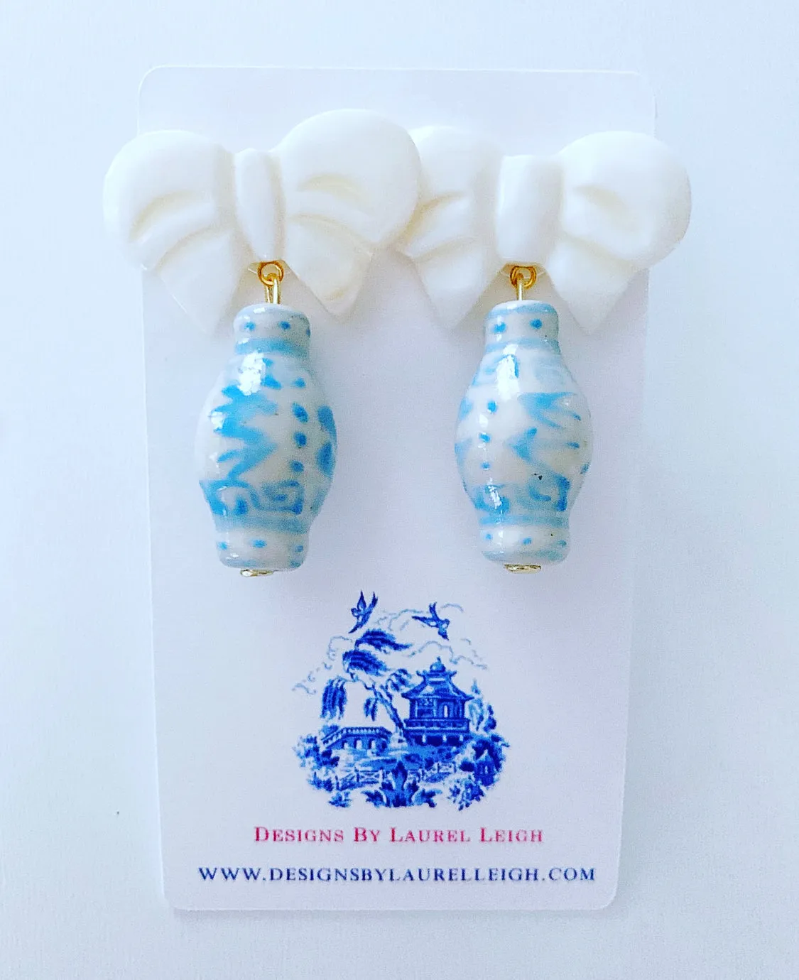 Wedgwood Blue Ginger Jar Pearl Bow Earrings