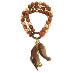 Wood and Gold Beaded Stretch Bracelet