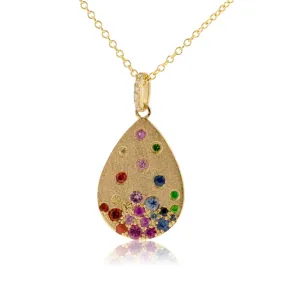 Yellow  Gold Satin Finish Flush Set Teardrop Rainbow Sapphire Necklace